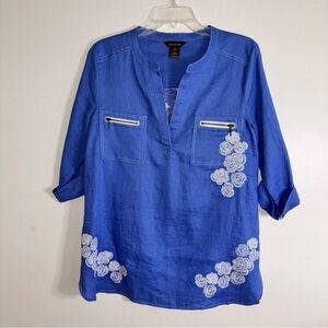 Multiples Linen Tunic Top S Periwinkle Blue White Rose Embroidery Zip Pockets